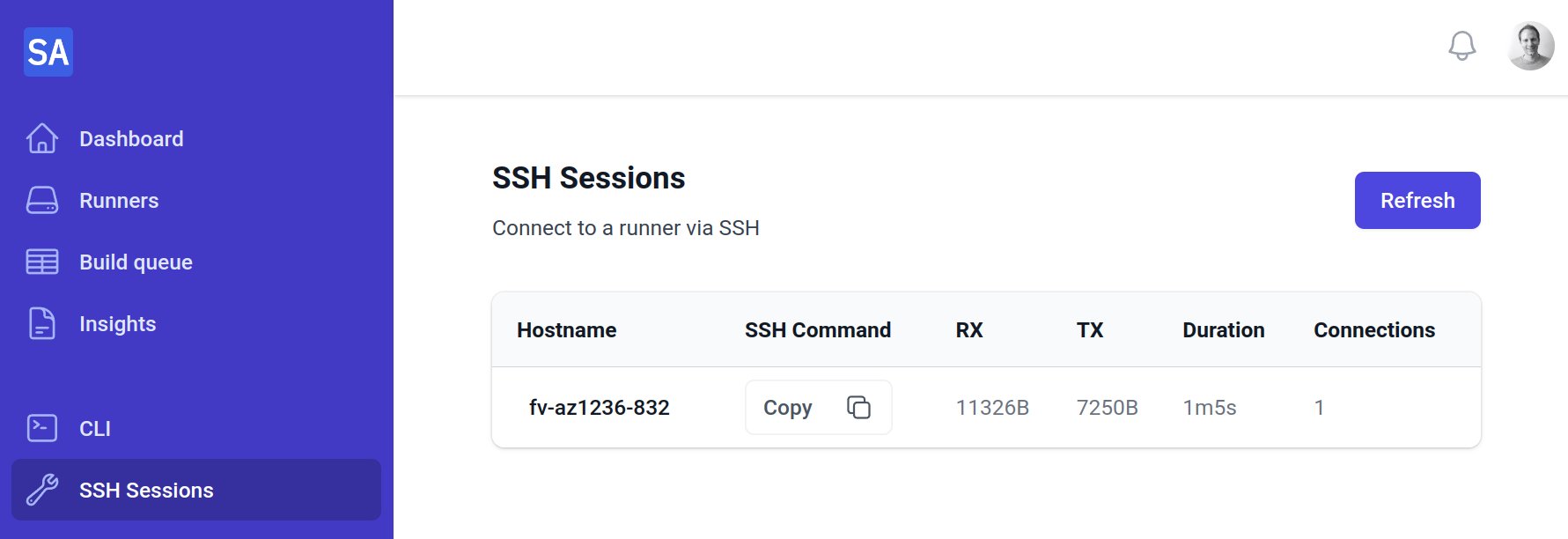 SSH sessions in the dashboard